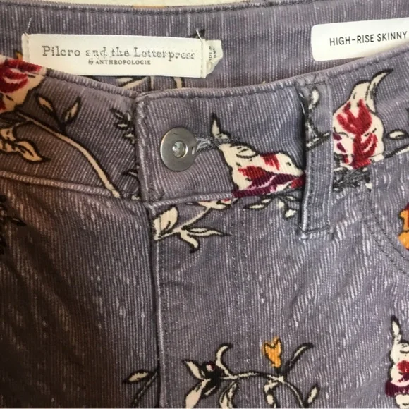 Pilcro & Letterpress Anthropology Gray Floral High Rise Skinny Cord Jeans 28 - Picture 3 of 11